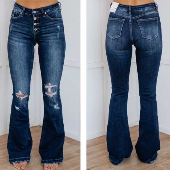 Kan Can Dark Wash Button Fly Flare Leg Jeans - Picture 10 of 10
